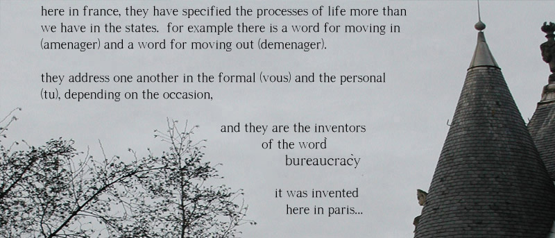 here in france, they have specified the processes of life more than we have in the states.  for example there is a word for moving in (amenager) and a word for moving out (demenager).  they address one another in the formal (vous) and the personal (tu), depending on the occasion, and they are the inventors of the word Bureaucracy. it was invented here in paris.